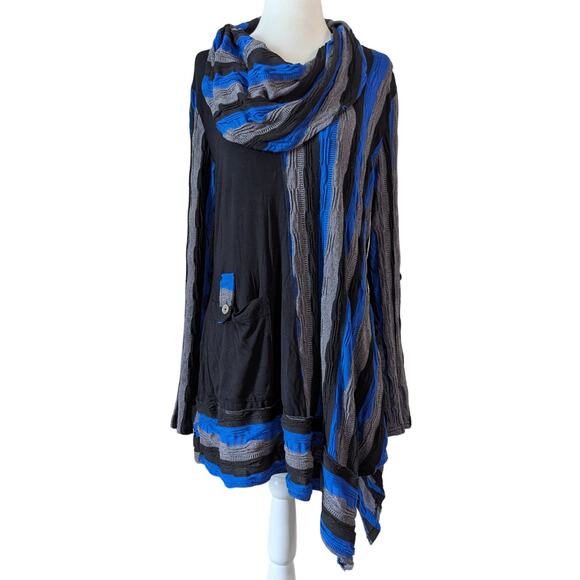 Ali Miles Blue Gray Striped Tunic Size Large Asymmetrical Cowl Neck Pocket - Picture 1 of 11